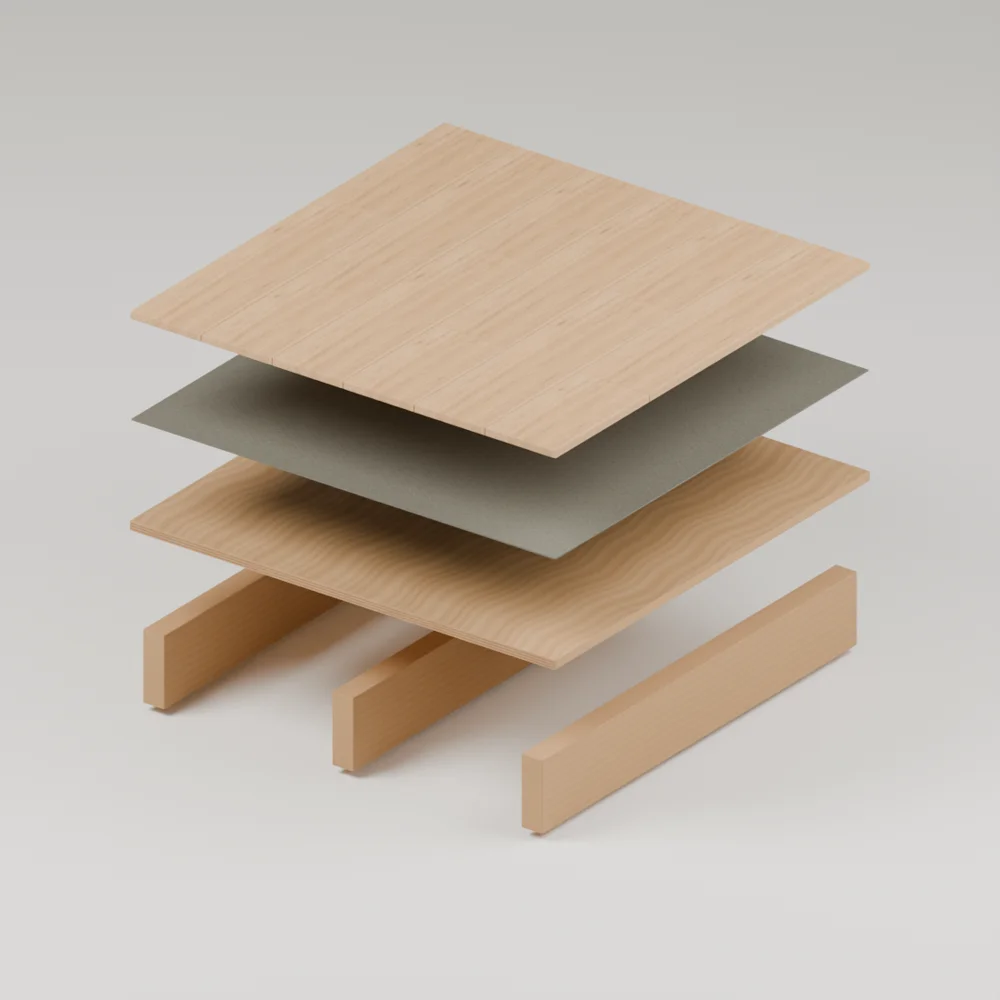 Exploded diagram of a floor: engineered oak planks floating above a felt underlay, above a plywood subfloor, above three timber joists