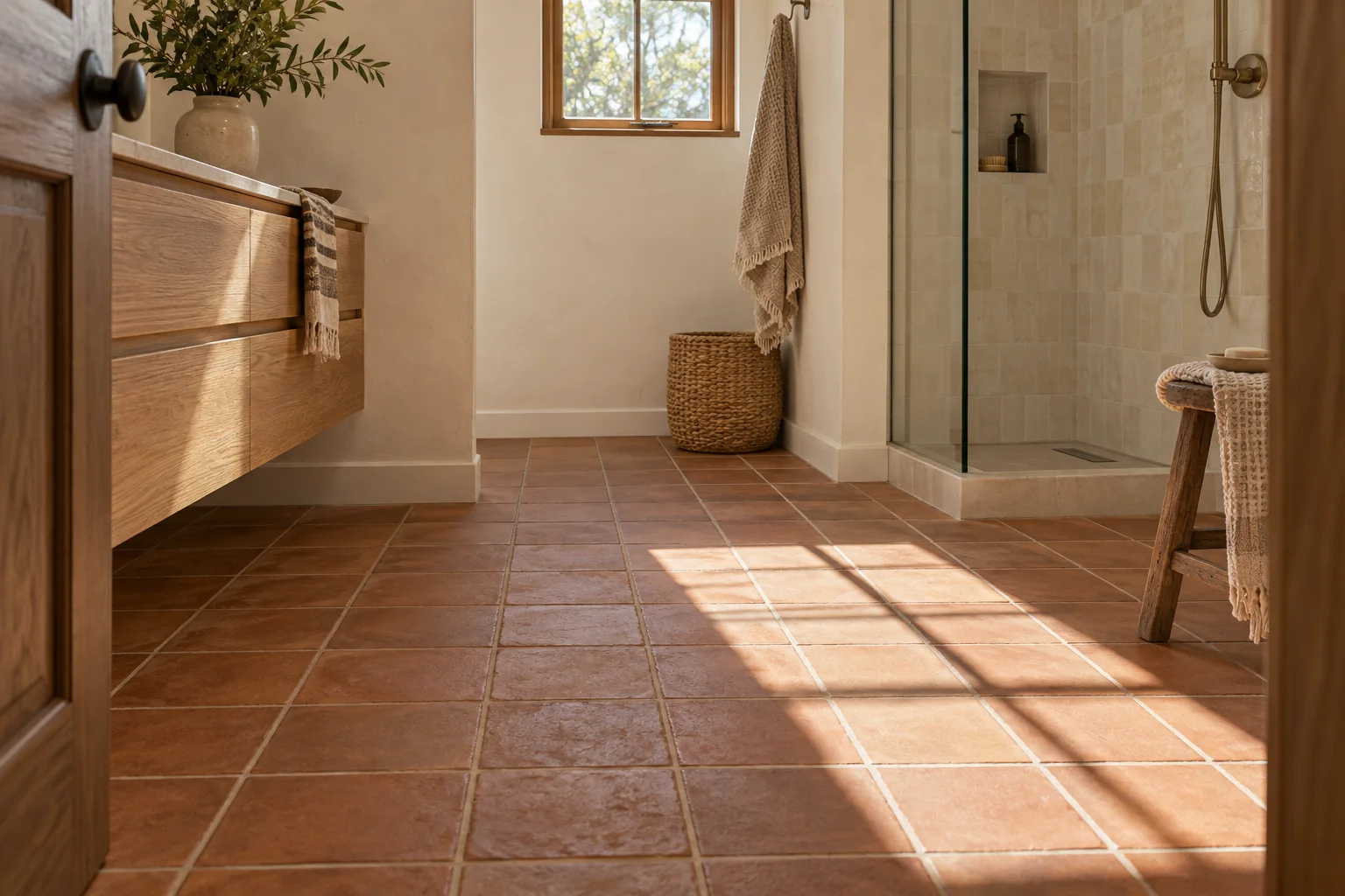 Terracotta tile bathroom floor beside an oak vanity and a glass shower with cream tile walls