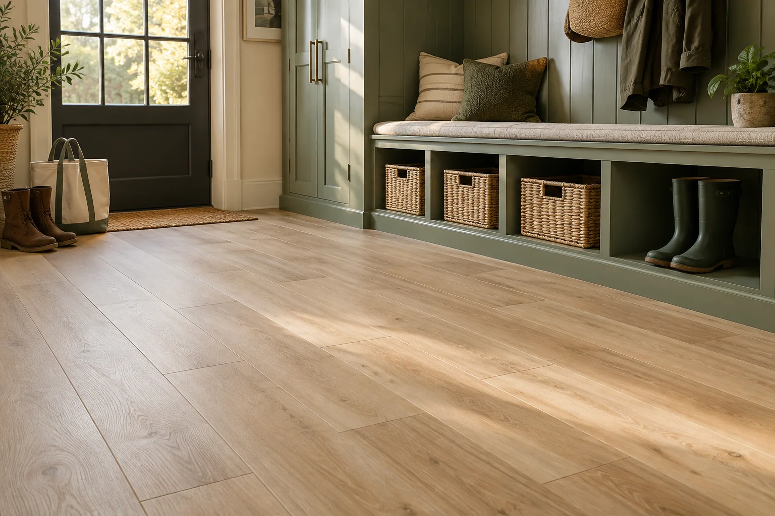 Pale oak-look vinyl flooring in a sage green mudroom with a bench, baskets and boots by the door